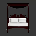Classic Four Poster Double Bed With Mahogany Frame Carved Headboard White Mattress And Pillows