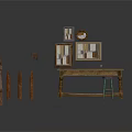 Rustic Interior Scene With Wooden Table Stool Decorative Wall Frames And Pillars