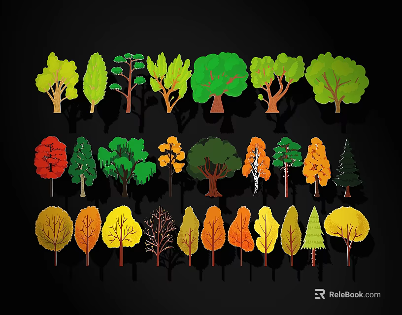 Colorful Tree Illustrations With Various Shapes And Foliage For Design Use 3d model 
