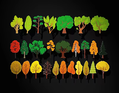 Colorful Tree Illustrations With Various Shapes And Foliage For Design Use 3d model