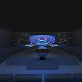 Modern Tech Inspired Ballroom with Geometric Lines Blue Red Circular Installation and Illuminated Steps