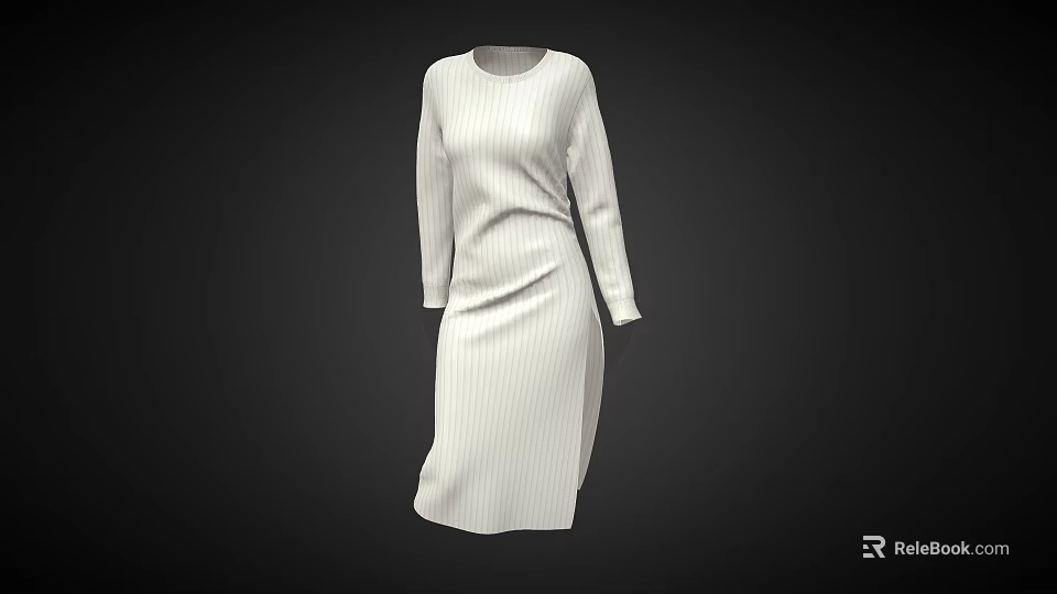 White Long Sleeve Casual Dress With Vertical Stripes Mid Length Design 3d model 