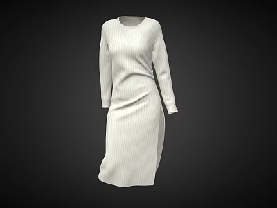 White Long Sleeve Casual Dress With Vertical Stripes Mid Length Design 3d model