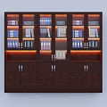 Dark Brown Bookcase with Glass Door Compartments Folders Books and Bottom Cabinet Doors Lighting Accents