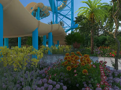 Colorful Water Slide Amusement Equipment With Blue Yellow Tubes And Palm Trees Red Orange Purple Flowers 3d model