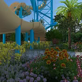 Colorful Water Slide Amusement Equipment With Blue Yellow Tubes And Palm Trees Red Orange Purple Flowers