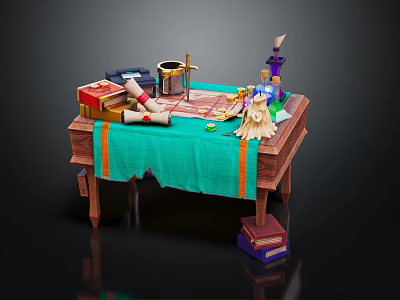 Wizardry Supplies on Wooden Table with Green Cloth Scroll Quill and Potion Bottles 3d model