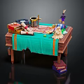 Wizardry Supplies on Wooden Table with Green Cloth Scroll Quill and Potion Bottles