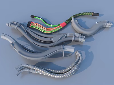 Gray Industrial Pipes With Colored Cables And Metal Connectors Assembly 3d model