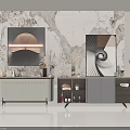 Modern Console Table And Side Cabinet Design With Marble Wall And Decorative Lighting 3d model
