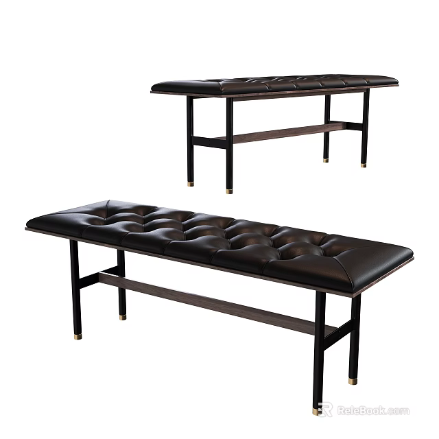 Black Leather Tufted Ottoman Bench With Modern Metal Legs And Sleek Design 3d model 