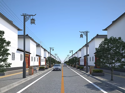 Traditional Commercial Street With White Walls Black Tiles Street Lamps Trees And Car 3d model