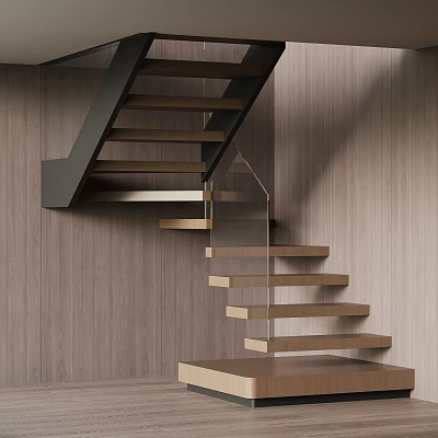Modern Floating Stairs With Wooden Steps Metal Frame And Glass Railing 3d model