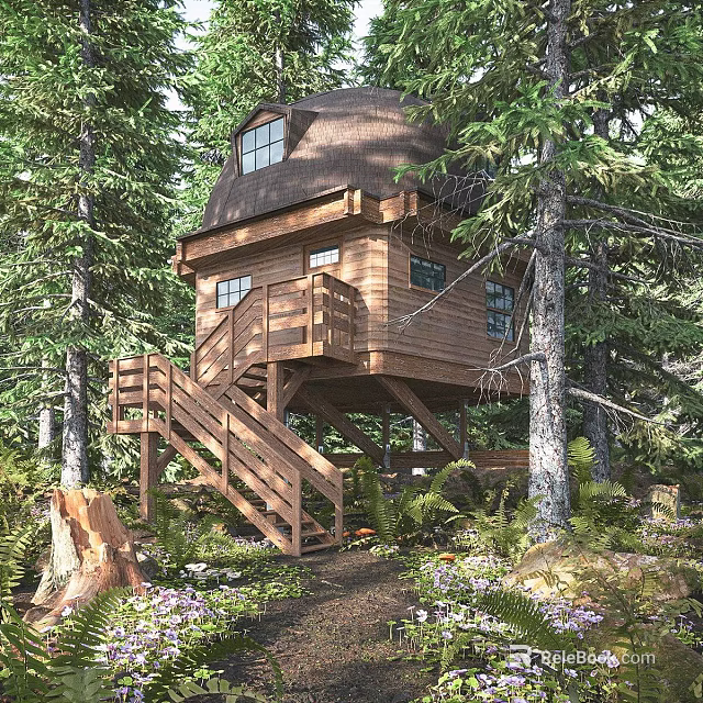 Elevated Wooden Treehouse With Dome Roof Staircase Surrounded By Lush Forest Trees 3d model 