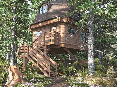 Elevated Wooden Treehouse With Dome Roof Staircase Surrounded By Lush Forest Trees 3d model