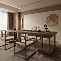 Modern Chinese Tea Room Interior With Wooden Table Chairs Circular Painting And Tea Set