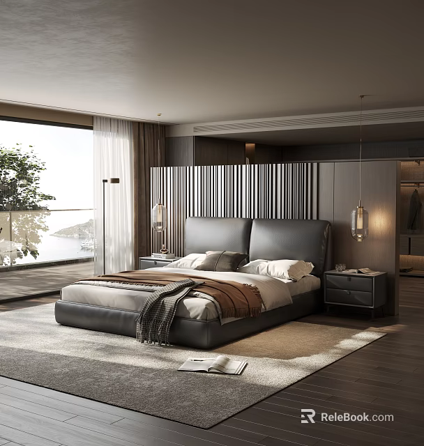 Modern Double Bed With Vertical Striped Headboard Nightstands And Scenic View 3d model 