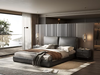 Modern Double Bed With Vertical Striped Headboard Nightstands And Scenic View 3d model