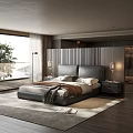 Modern Double Bed With Vertical Striped Headboard Nightstands And Scenic View