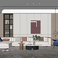 Modern Living Room Interior With L Shaped Sofa Cushions Blue Accent Chair And Bookshelf