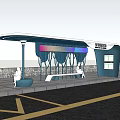 Modern Coastal Bus Station with Shelter Seats and Sea View at Sunset
