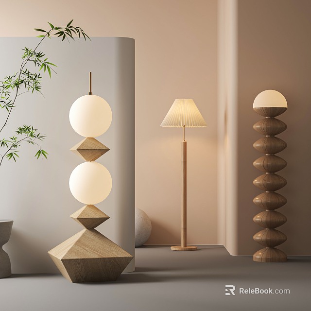 Modern Wooden Floor Lamps With Geometric Sphere Stacked Design And Lampshade 3d model 