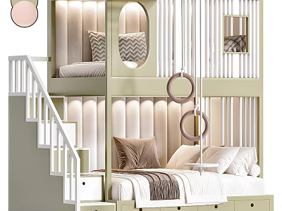 Modern Kids Bunk Bed With Beige Upholstered Panels Oval Windows Staircase Hanging Rings And Storage Drawers 3d model