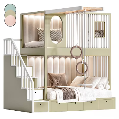 Modern Kids Bunk Bed With Beige Upholstered Panels Oval Windows Staircase Hanging Rings And Storage Drawers 3d model