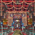 Traditional Ancient Architecture Interior With Red Wooden Beams Ornate Carvings And Hanging Lanterns