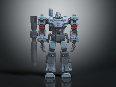 Detailed Gray Mech Robot with Red Joints Purple Chest Holding Weapon 3d model