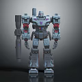 Detailed Gray Mech Robot with Red Joints Purple Chest Holding Weapon