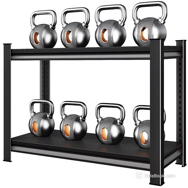 Black Two Tier Metal Shelf Displaying Silver Kettlebells For Fitness Equipment 3d model 