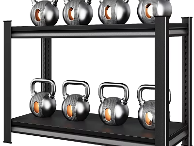 Black Two Tier Metal Shelf Displaying Silver Kettlebells For Fitness Equipment 3d model