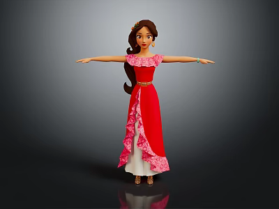 Game And Movie Character In Red Dress With Pink Patterns And Brown Braided Hair 3d model