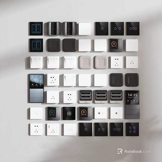 Modern Various Design Switch Panels With Black White Gray Colors And Digital Display Features 3d model 