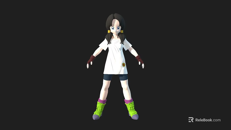 3D Female Game Movie Character With Black Hair White Top Black Shorts And Green Socks 3d model 