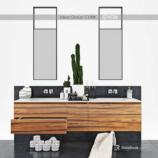 Modern Bathroom Vanity With Wooden Cabinet Double Mirrors And Green Cactus Plant 3d model 
