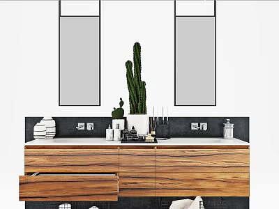 Modern Bathroom Vanity With Wooden Cabinet Double Mirrors And Green Cactus Plant 3d model