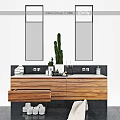 Modern Bathroom Vanity With Wooden Cabinet Double Mirrors And Green Cactus Plant