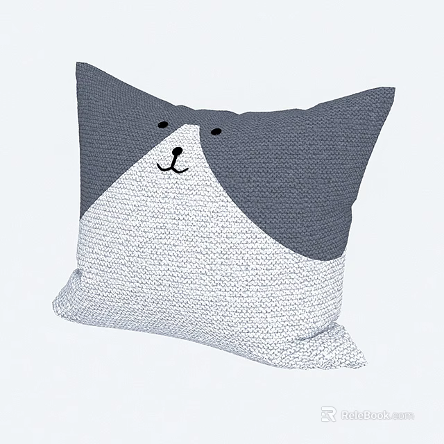 Cute Animal Face Decorative Pillow with Gray White Coloring Smiling Mouth Black Eyes Nose 3d model 