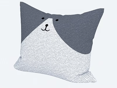 Cute Animal Face Decorative Pillow with Gray White Coloring Smiling Mouth Black Eyes Nose 3d model