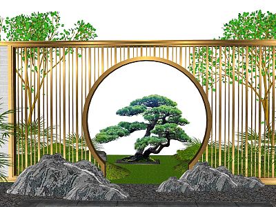 New Chinese Style Landscape Wall Landscape Wall Enclosure Moon Cave Gate Landscape Wall Zen Landscape Wall Modeling Pine Landscape Stone Sand Gravel model