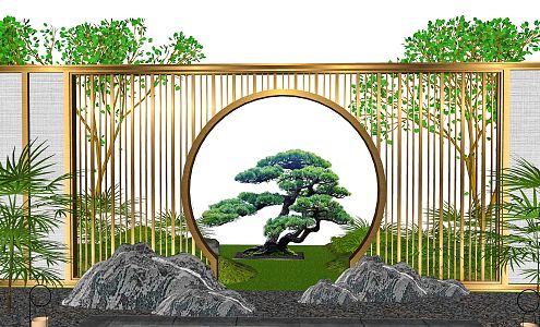 New Chinese Style Landscape Wall Landscape Wall Enclosure Moon Cave Gate Landscape Wall Zen Landscape Wall Modeling Pine Landscape Stone Sand Gravel 3d model