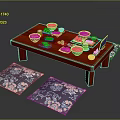 Traditional Assorted Food Dishes On Red Low Table With Blue Floral Cushions
