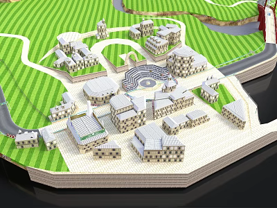 Scenic 3D Landscape With Green Lawn Cluster Of Buildings Circular Plaza And Paths 3d model