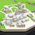 Scenic 3D Landscape With Green Lawn Cluster Of Buildings Circular Plaza And Paths
