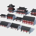 Traditional Chinese Ancient Architecture Models with Classic Roof and Red Wooden Structures