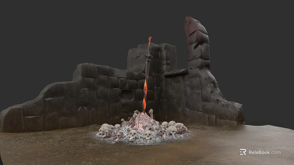 Stone Fireplace Design With Burning Flames And Skulls Surrounded By Stone Walls 3d model 