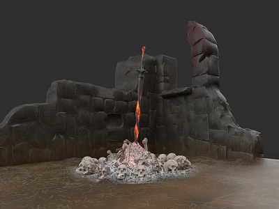 Stone Fireplace Design With Burning Flames And Skulls Surrounded By Stone Walls 3d model