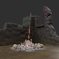 Stone Fireplace Design With Burning Flames And Skulls Surrounded By Stone Walls 3d model